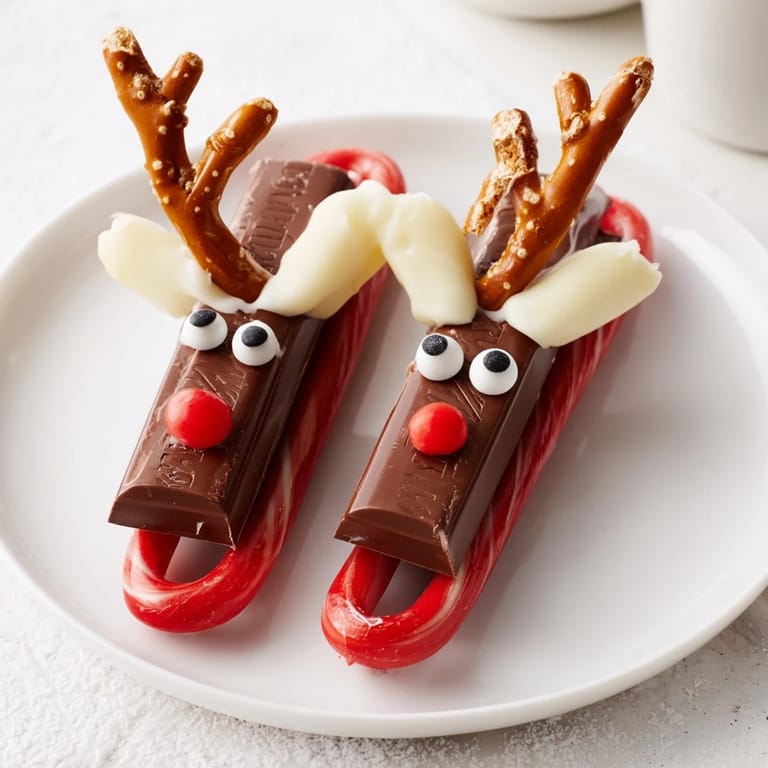 Homemade Rudolph Candy Cane Sleds, complete with pretzel antlers, offer a whimsical holiday dessert experience.