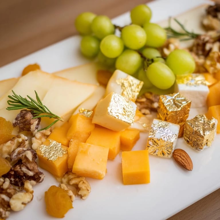 A beautifully arranged Gold and Silver Cheese Cube Board features cubed cheeses, grapes, and nuts, perfect for appetizers.
