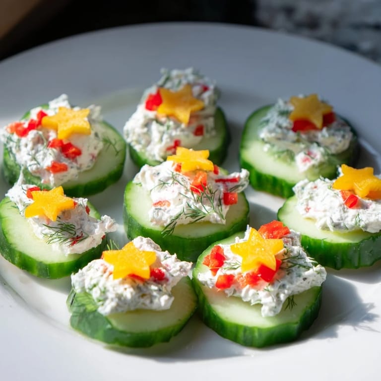 Enjoy a close-up of beautifully arranged Holiday Star Cucumber Bites, perfect for Christmas or holiday parties.