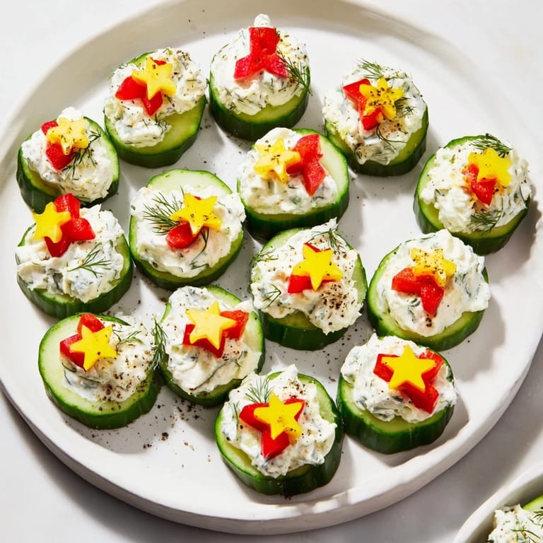 These fresh Holiday Star Cucumber Bites feature creamy cheese and colorful garnishes, ready to enjoy at any gathering.