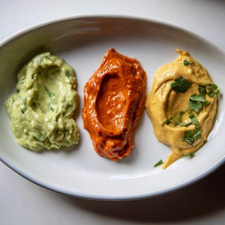 Three dips, a Dip Trio, offer a visual feast: avocado, red pepper, and hummus, ready to be enjoyed.