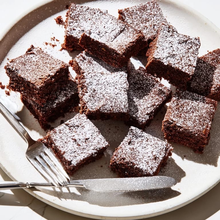 Close-up of freshly baked brownie squares, each covered in a delightful powdered sugar frosting.