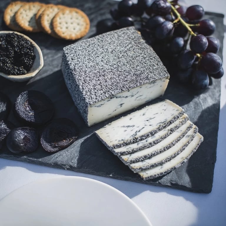 A close-up shot of a stunning, monochromatic gray stone cheese board, perfect for sharing.