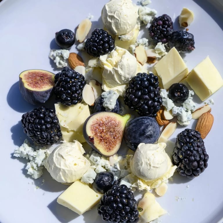 This Deep Indigo Midnight Sky cheese board showcases dark fruits, cheeses, and crackers ready for serving at a party.