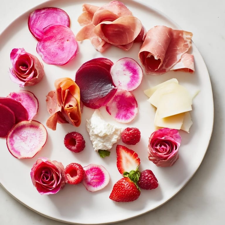 This Pink Petal Watercolor Wash recipe boasts layers of colorful meats, cheeses, and fresh berries.