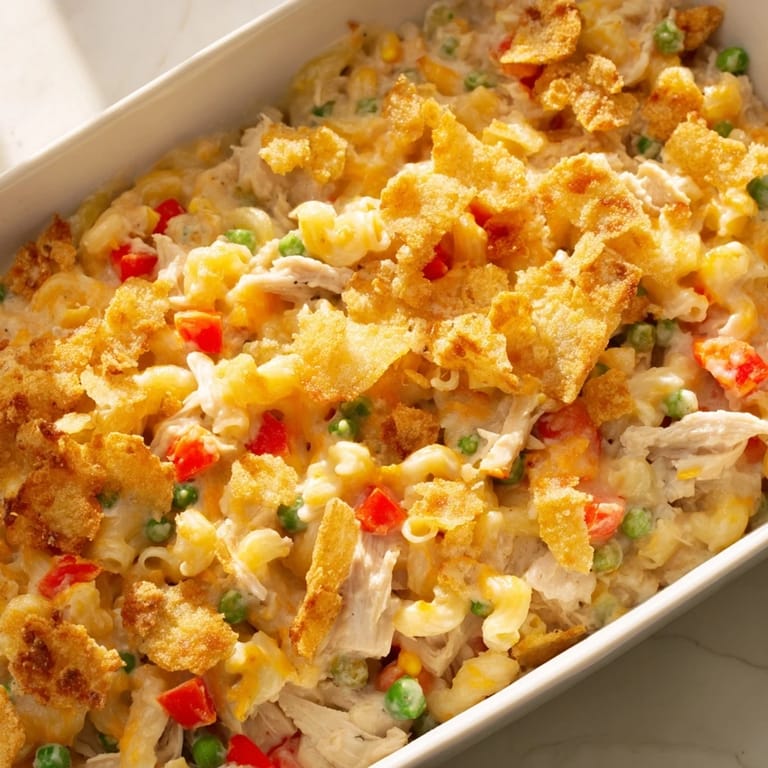 Creamy Chicken Macaroni Southern Style, featuring tender chicken, a rich cheese sauce and golden topping.