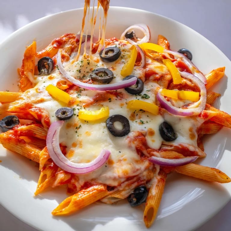Vibrant image shows a comforting serving of One-Pot Pizza Pasta Express, a delightful family meal.