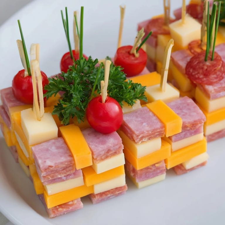 This The Checkerboard Chalet appetizer showcases a tempting arrangement, perfect for your party guests, ready to serve.