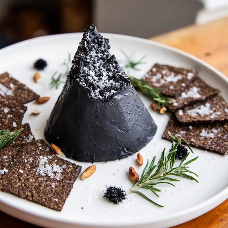 Enjoy the flavors of The Obsidian Peak with black-dusted almonds and a tower of distinctive black cheddar cheese.