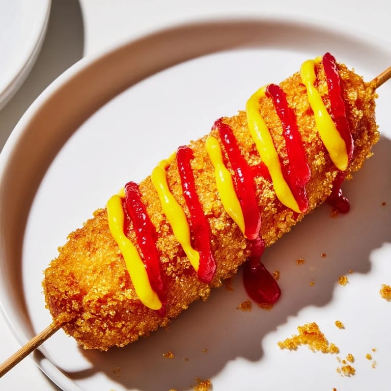 Freshly fried Korean-inspired corn dogs on a plate, smelling amazing and ready for mustard.
