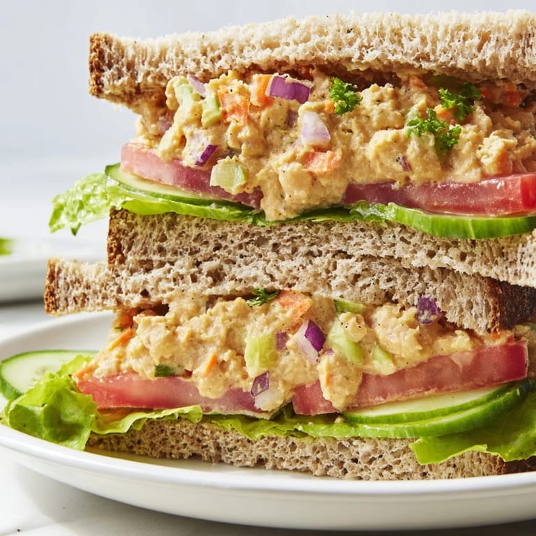 Freshly made Easy Chickpea Salad Sandwich, showing the hearty chickpea salad filling bursting from the bread.