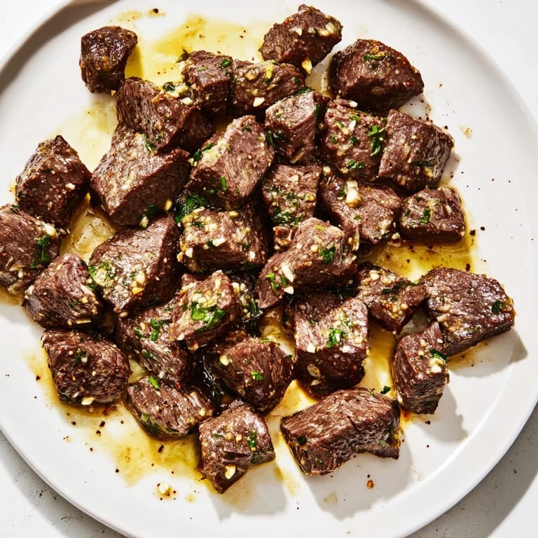 Close-up of tender air-fryer garlic-butter steak bites, coated in garlic butter, for a tasty appetizer.