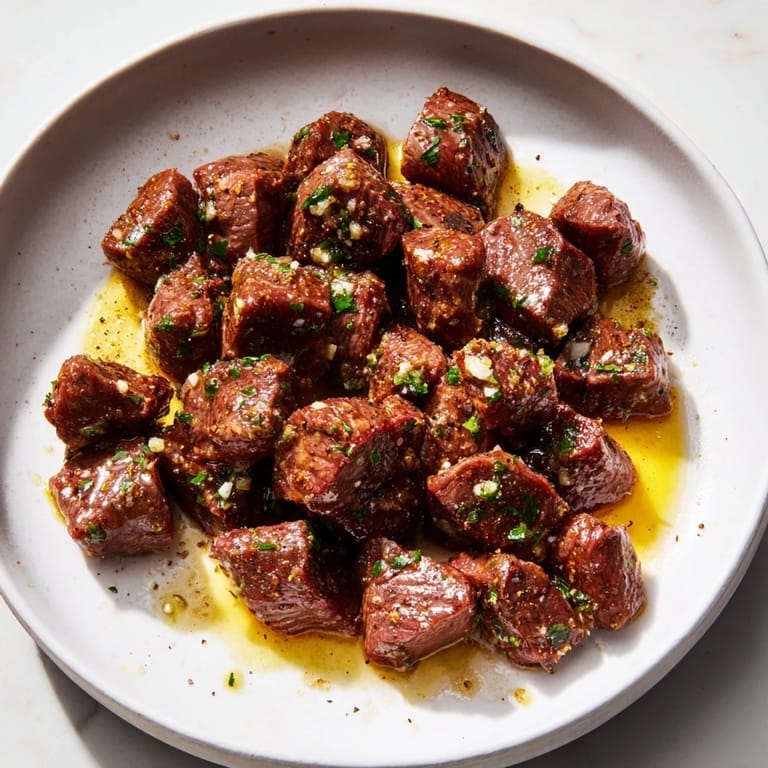 Golden-brown, perfectly cooked air-fryer garlic-butter steak bites, ready to be enjoyed with family.