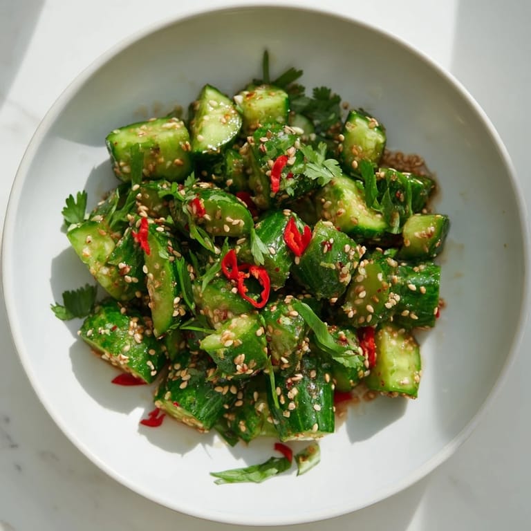 Sizzling plate of Chinese Spicy Smashed Cucumber Salad, boasting bold red chili flakes and crunchy textures in a bowl.