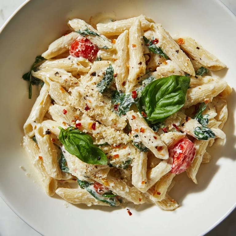 A steaming bowl of Cottage Cheese High-Protein Creamy Pasta, garnished and ready to eat.
