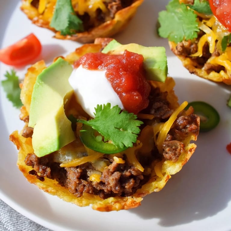 Baked mini taco cups, a delicious appetizer with crispy tortilla shells and tasty toppings pictured here.