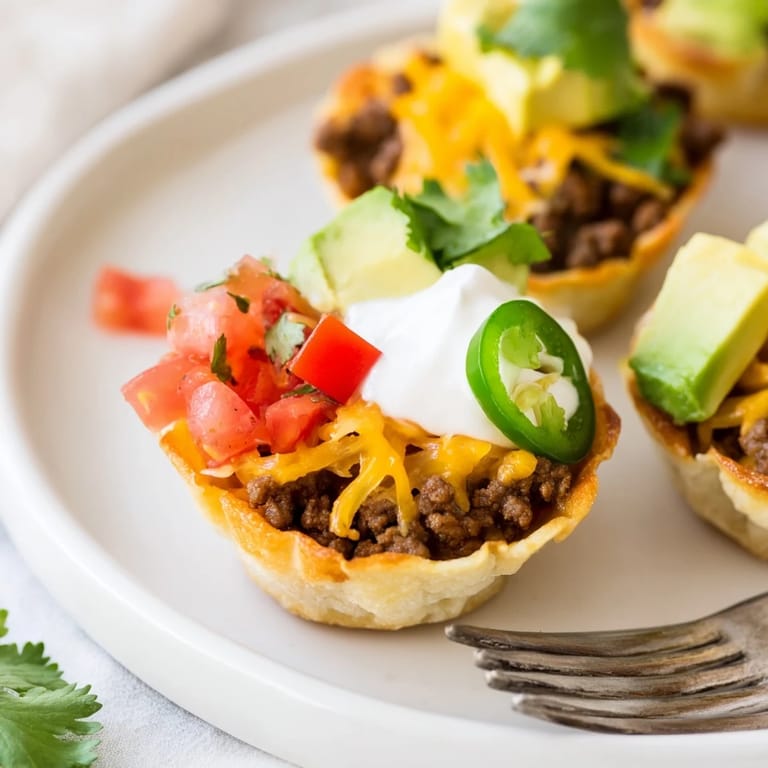A close-up of mini taco cups featuring savory meat, and vibrant cheese, perfect for snacking.