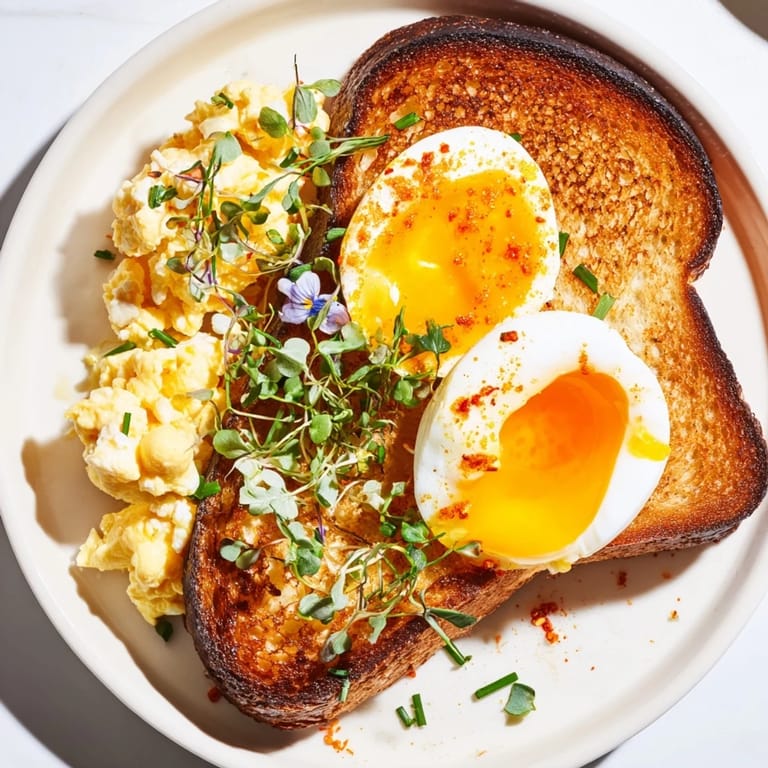 Beautifully plated Egg Flight Toast with perfectly cooked eggs and optional fresh chives on top.