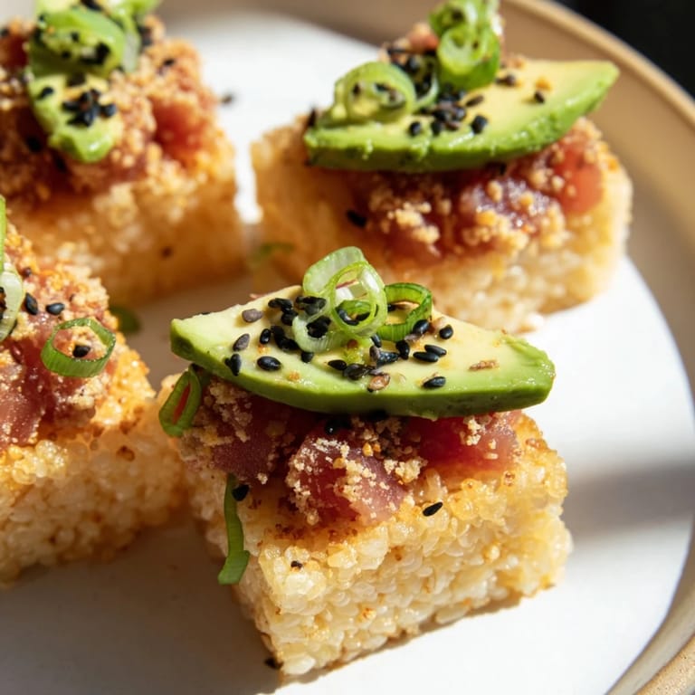 Freshly made spicy tuna crispy rice: crunchy rice base supporting flavorful tuna and avocado topping.