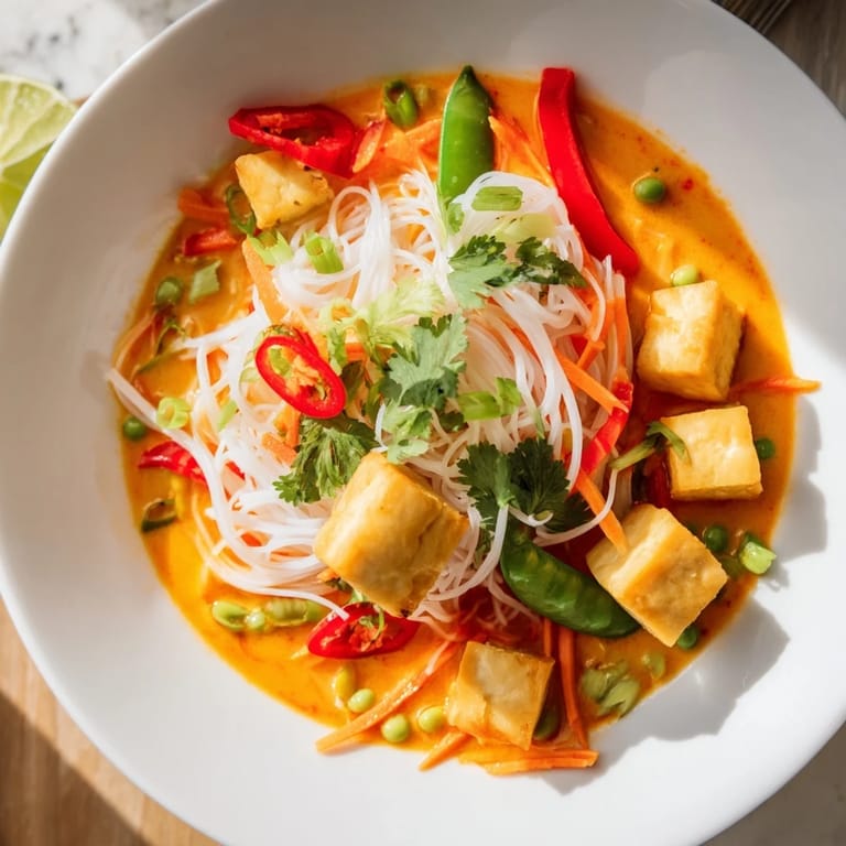 Delicious Malaysian Laksa Curry: a close-up shows tender tofu, rice noodles, and fresh herbs in flavorful broth.