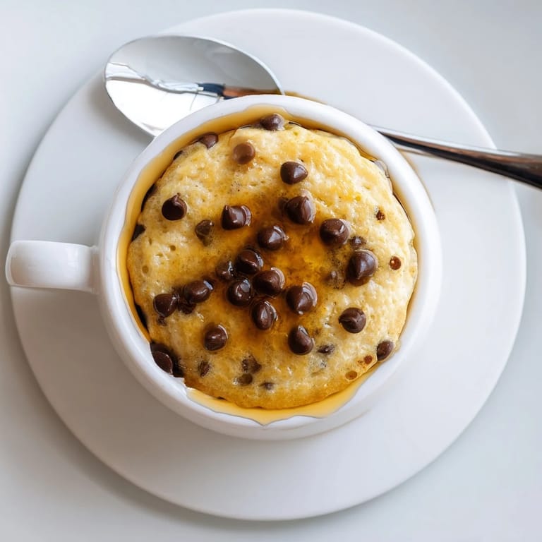 Freshly microwaved pancakes rise tall in a mug, perfect for a quick breakfast or snack.  