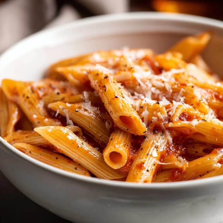 A single serving of microwave bowl pasta sits next to fresh basil and a fork, ready for a quick dinner.