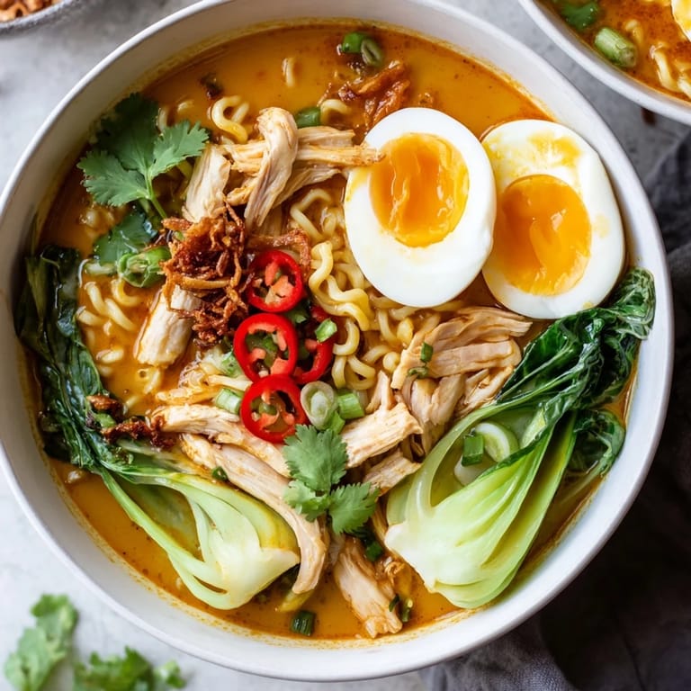 Thai Miso Ramen Bowl features tender shredded chicken and vibrant bok choy in a rich, aromatic broth, topped with lime wedges for serving.