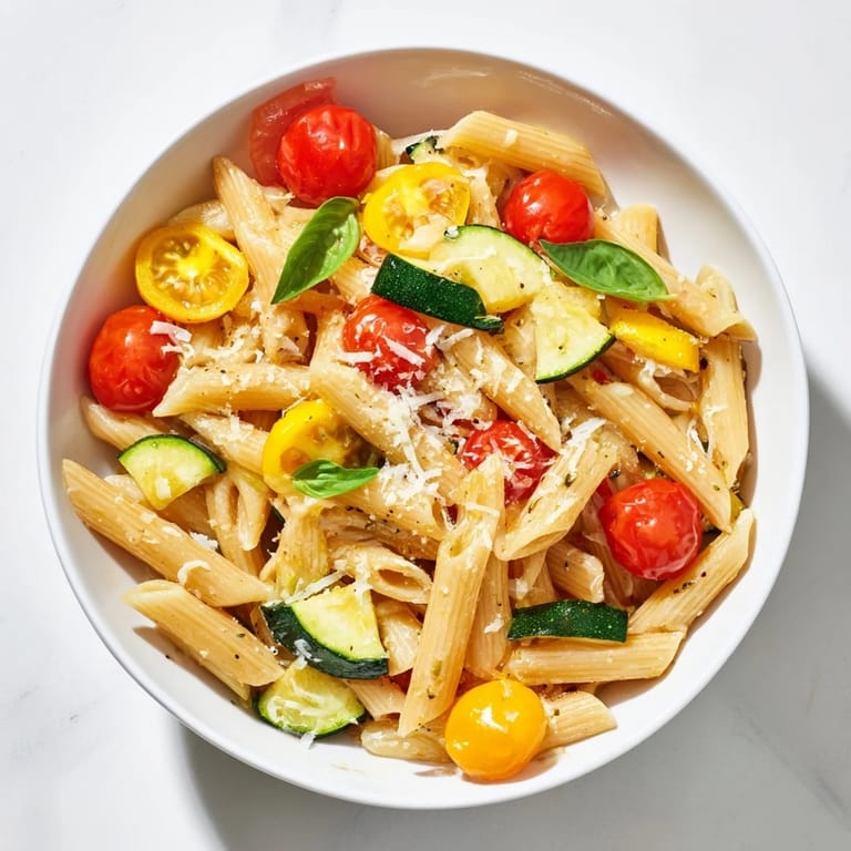 Savory Garden Veggie Pasta in a white bowl, highlighting bright yellow squash and red tomatoes, with a glass of crisp Sauvignon Blanc on the side.