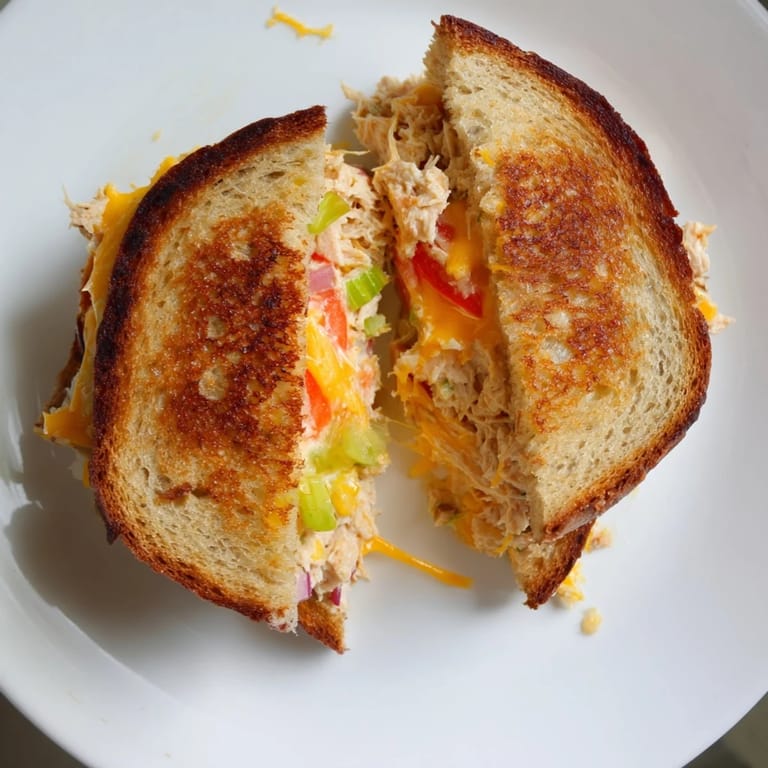 A close-up view of a sliced Spicy Tuna Melt, revealing the chunky tuna salad with celery and onion inside.