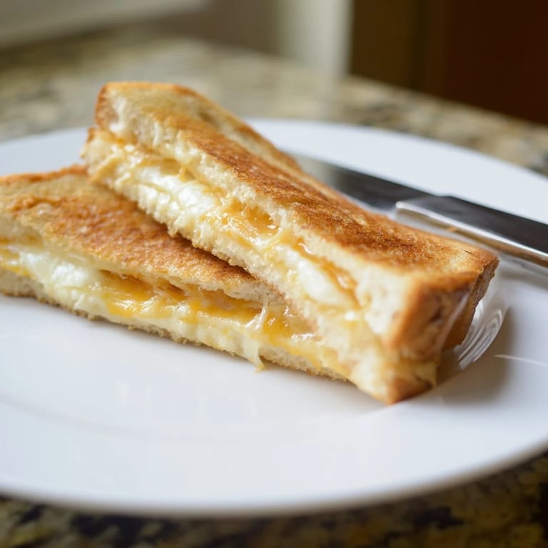 Two Three-Cheese Grilled Cheese halves stacked on a plate, served with a steaming bowl of tomato soup.  