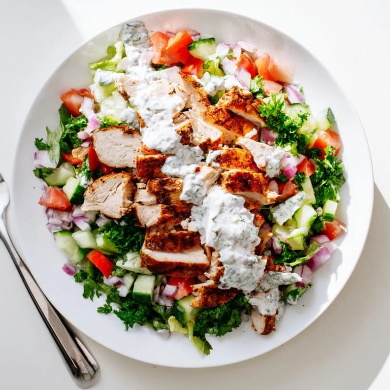 Juicy grilled chicken slices rest on mixed greens, diced cucumbers, and tomatoes, finished with tangy yogurt drizzle.