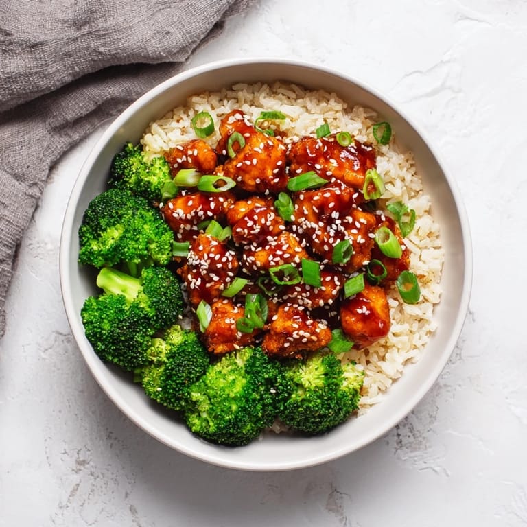 The Sweet Chili Chicken Bowl features tender chicken pieces in a tangy glaze alongside steamed broccoli and white rice.