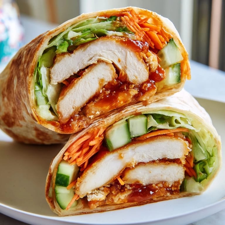 Freshly assembled honey chili crunch chicken wrap with vibrant lettuce, cucumber, and carrot, ready for a quick, flavorful lunch.
