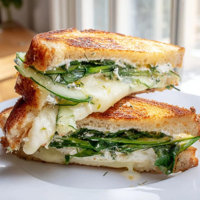 Fresh dill and lemon zest garnish the toasted Whipped Feta Spring Grilled Cheese, served warm on a wooden board.