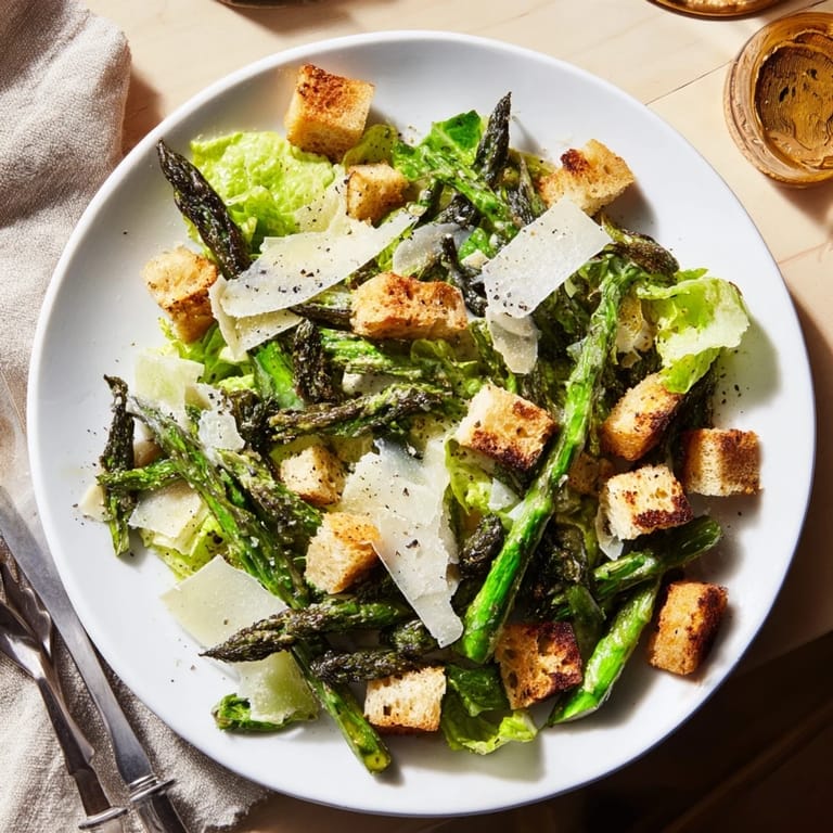 Freshly roasted asparagus spears are piled atop crunchy romaine in this vibrant Roasted Asparagus Caesar Salad.