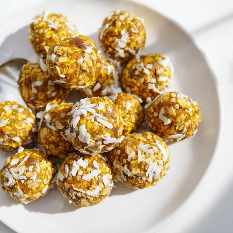 Vibrant golden Ginger Turmeric Energy Balls served with a cup of herbal tea.