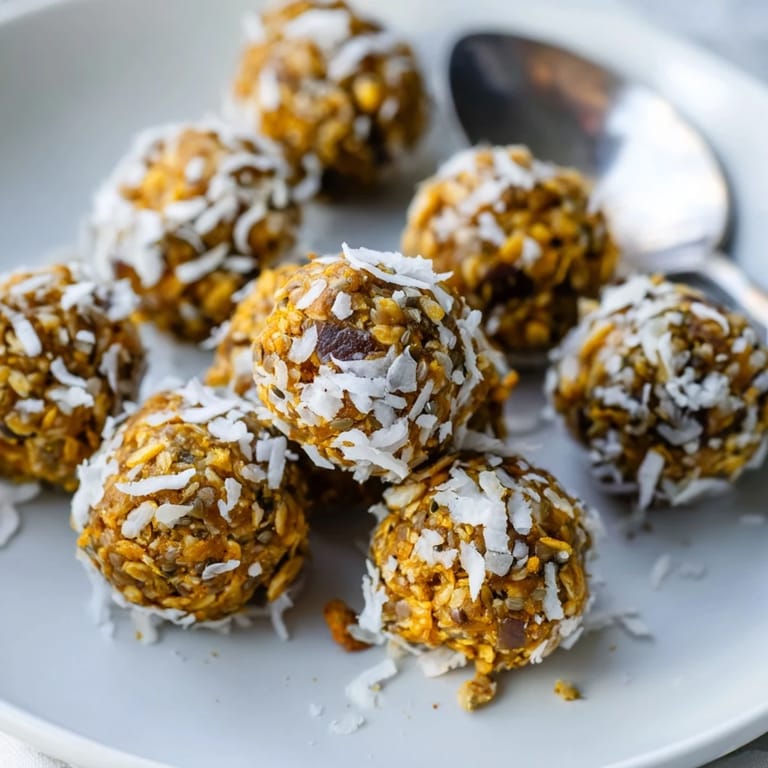 A close-up of no-bake Ginger Turmeric Energy Balls coated in shredded coconut.