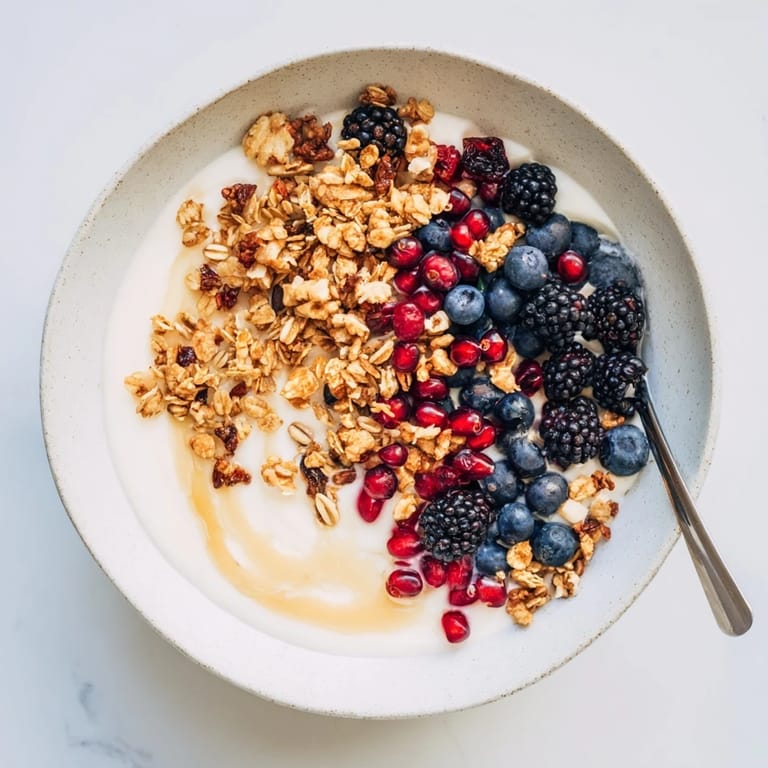 Spoon into creamy yogurt layered with cinnamon-scented spiced crunch and colorful berries for a cozy breakfast.