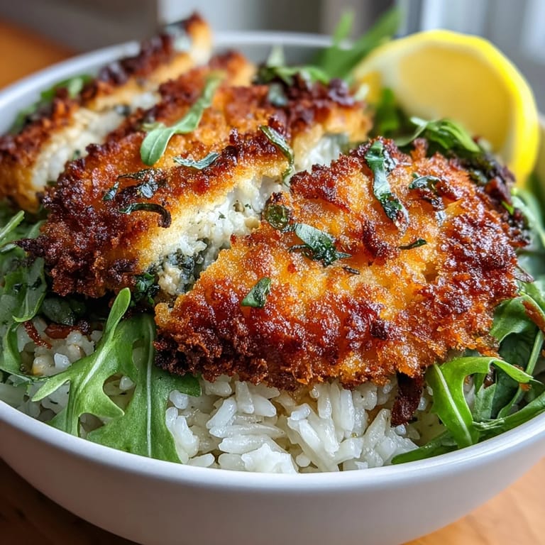 Savory Crispy Parmesan Chicken Cutlet Bowl featuring crunchy chicken strips, white rice, greens, and a wedge of lemon for brightness.
