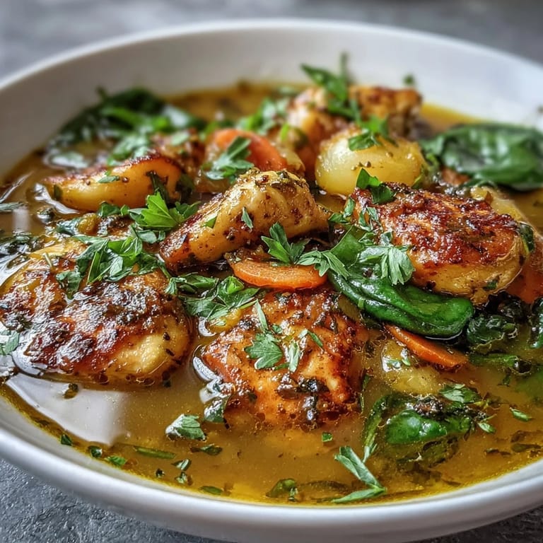 Turmeric Chicken Soup simmers in a rustic pot, its bright yellow broth dotted with carrots, celery, and aromatic ginger.  