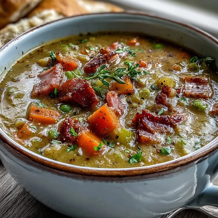 Hearty Split Pea and Ham Soup simmering in a pot, featuring tender peas, carrots, and savory diced ham.