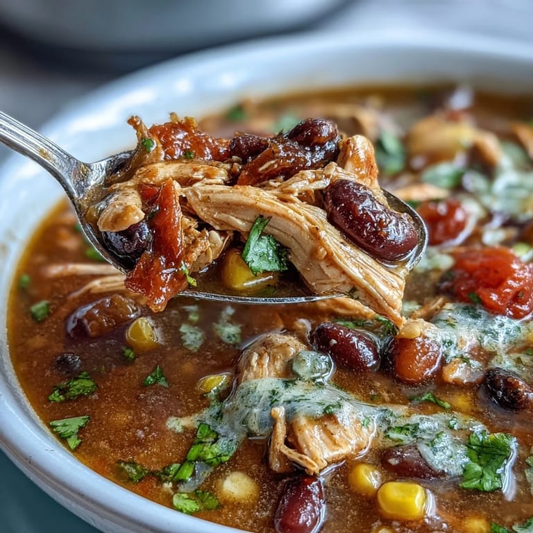 Overhead view of Southwestern Turkey Soup simmering in a pot with a wooden spoon, revealing tender turkey, corn, and black beans.