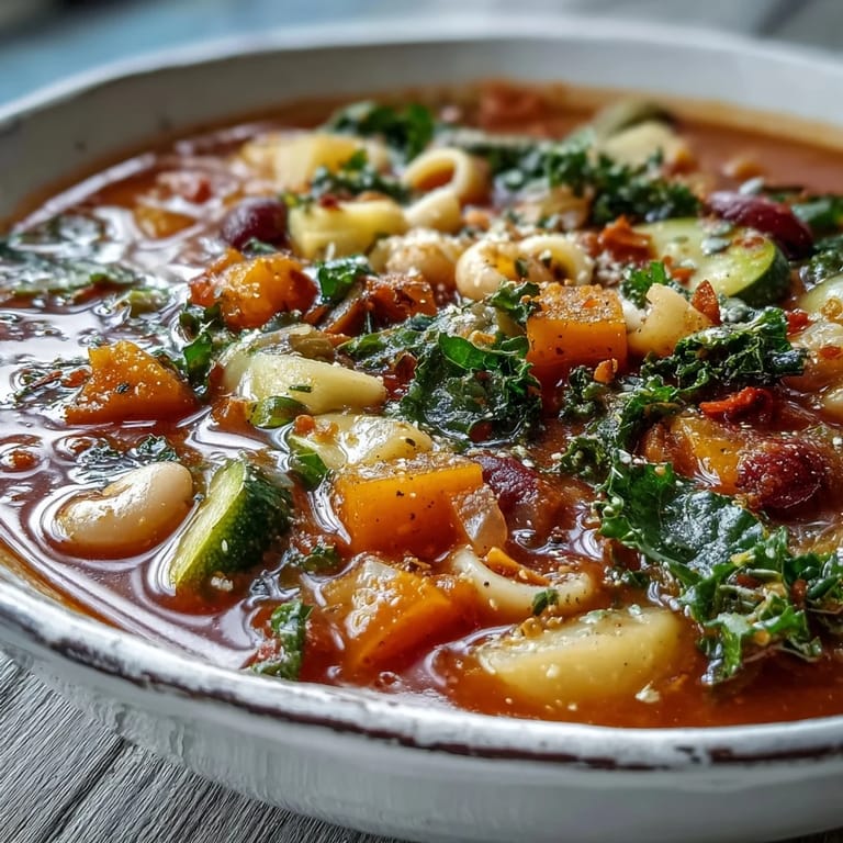 Homemade Winter Minestrone Soup served with crusty bread for dipping.