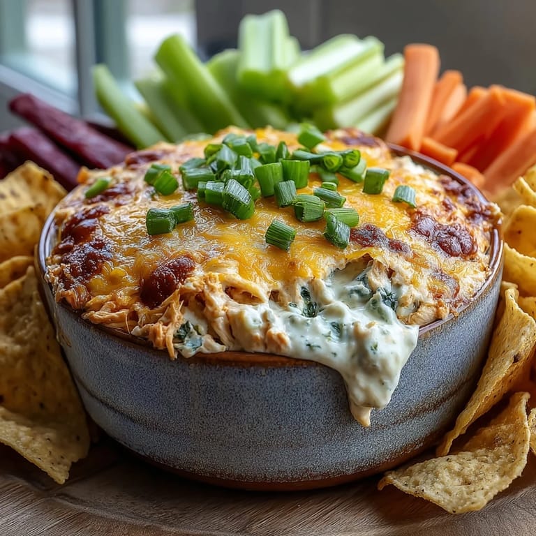 Hot Crock Pot Buffalo Chicken Dip with a golden, bubbly cheese top, served with celery sticks for dipping.