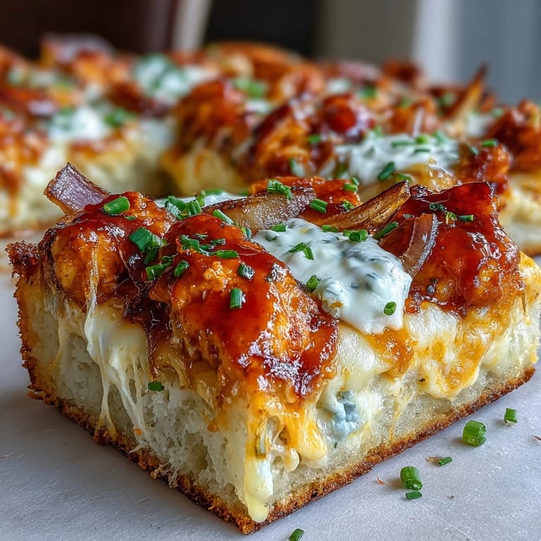A close-up view of a Buffalo Chicken Pizza slice lifted high, revealing layers of creamy ranch, tangy buffalo sauce, and fresh chives.  