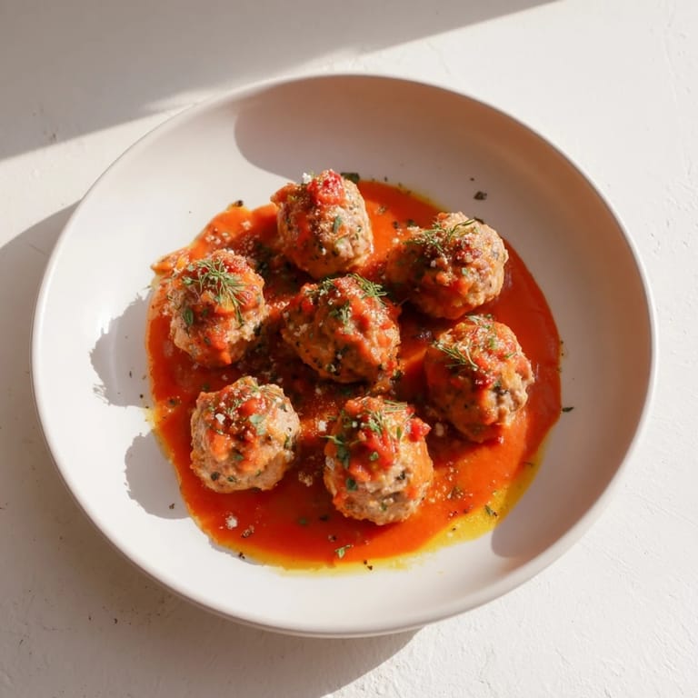 A close-up of tender Instant Pot Greek meatballs, topped with a creamy lemon-feta sauce, ready to serve.