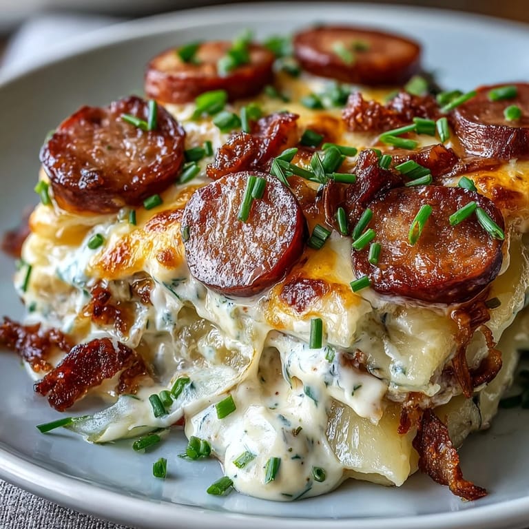 Golden-brown slices of kielbasa and tender pierogi in a rich Crockpot Pierogi Casserole, ready to serve.