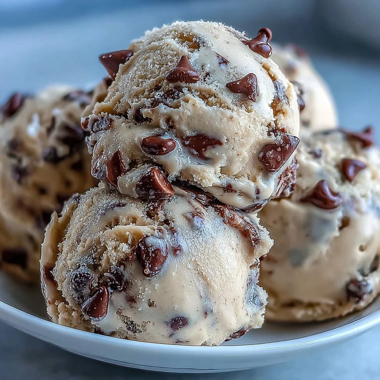 A spoonful of Greek Yogurt Cookie Dough studded with melty chocolate chips, made with heat-treated flour for safe eating.