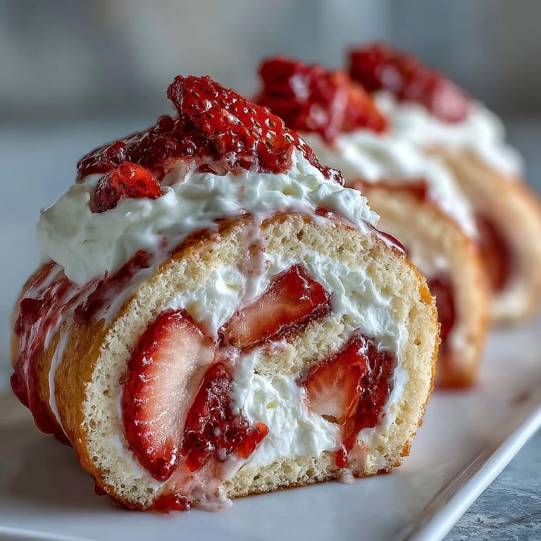 A cross-section of Strawberry Shortcake Sushi Roll shows tight spirals of cream, berries, and yellow sponge. 