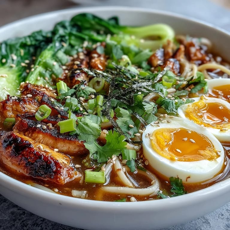 Sliced chicken and crisp vegetables rest in savory broth for these Healthy Miso Chicken Noodle Bowls.